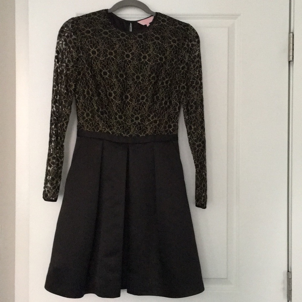 Ted Baker Black/Gold Floral Lace Bodice Dress